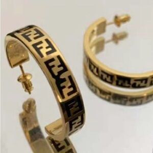 Gold and Black Logo Hoop Earrings